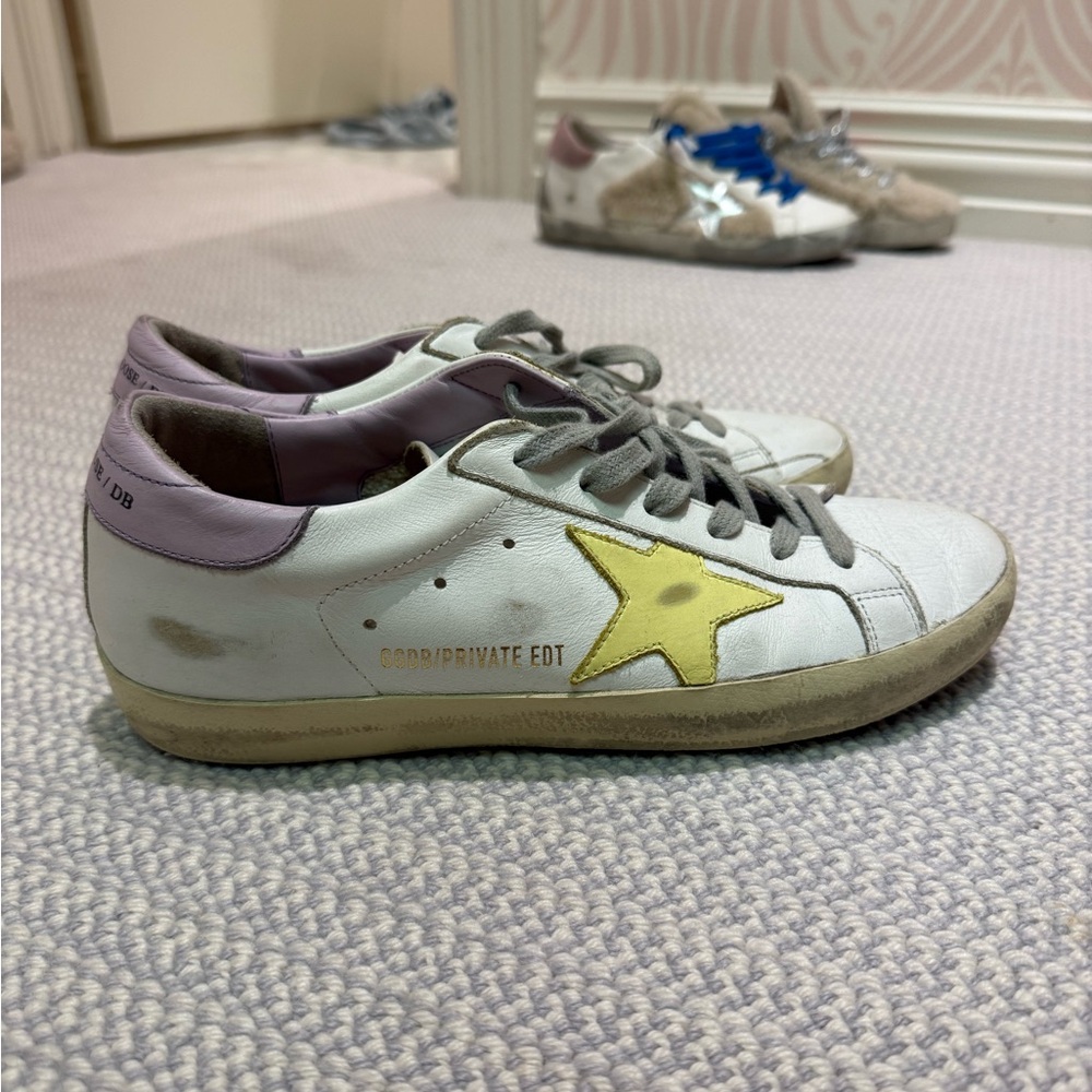 Golden Goose White Sneakers with Yellow Star and Lavender Trim
